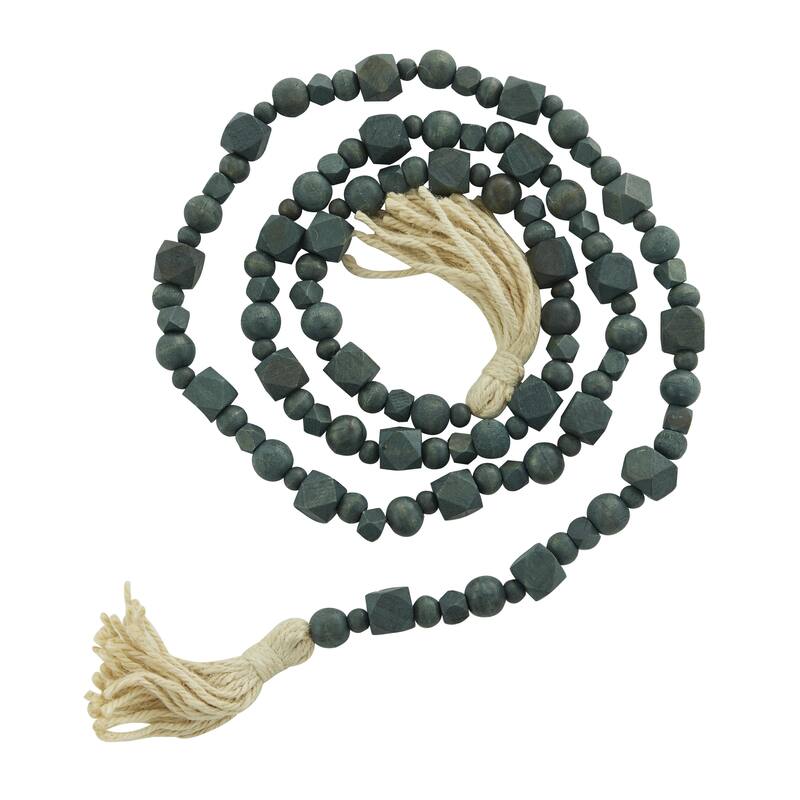 Mango Wood Handmade Hexagon Carved Geometric Long Beaded Garland with Tassel - Roche River Decor - Green - 80"L