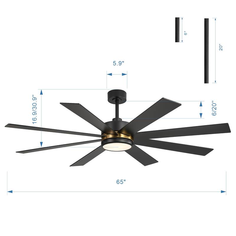 65 Inch 8-Blade Black LED Ceiling Fan with Light and Remote