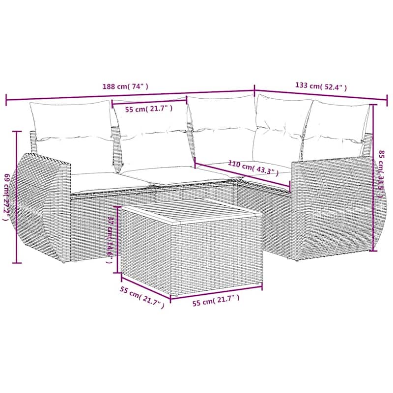 vidaXL 5 Piece Patio Sofa Set with Cushions Black Poly Rattan - 24.4x 24.4x 27.2
