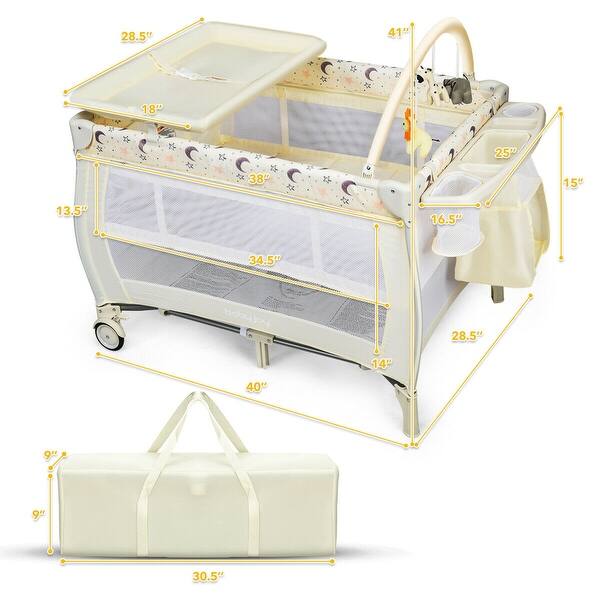 Gymax Portable Foldable Baby Playard Playpen Nursery Center w/ - Beige - 40'' x 28.5'' x 41''(L x W x H)