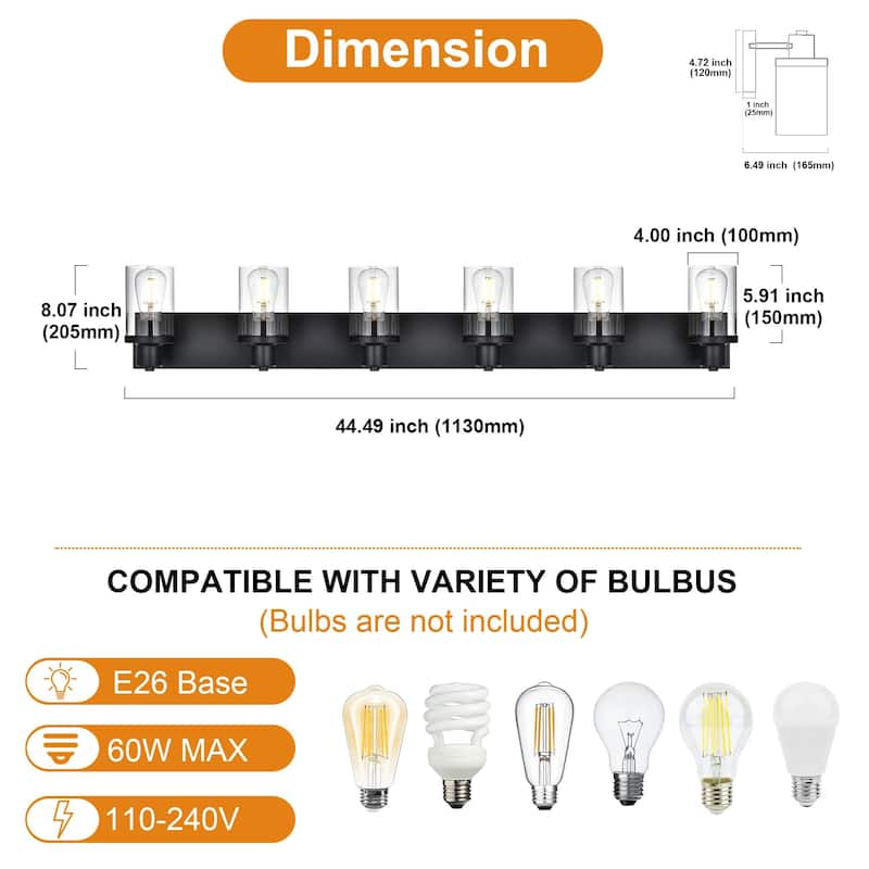 6 Light Bathroom Vanity Lighting with Clear Glass Shade