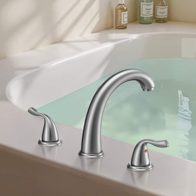 Brushed Stainless Steel Roman Tub Faucet with Dual Handles, 3-Hole Deck Mount Drip-Free Design - 6.69” x 2.05” x 9.84”
