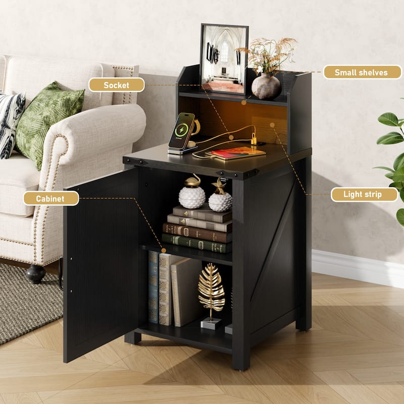 Nightstand End Table Side Table with Charging Station, Storage Cabinet with Adjustable Storage Shelf