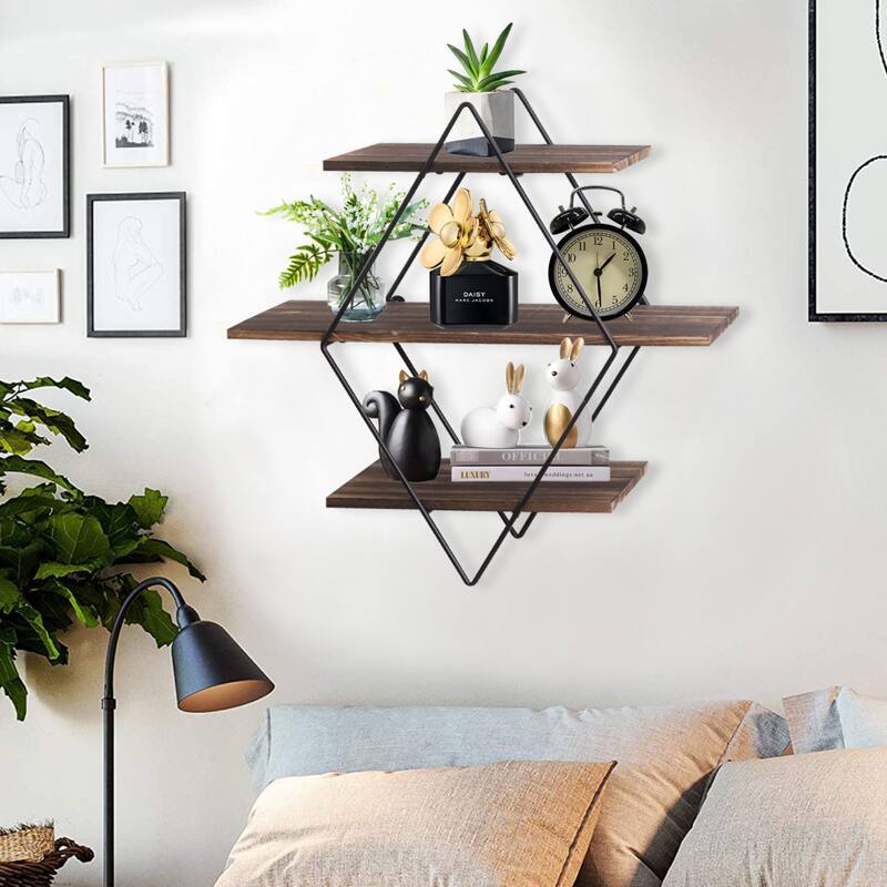 3Tier Metal Wall Shelves in Geometric Diamond for Home Display Storage - Dark Brown and Black