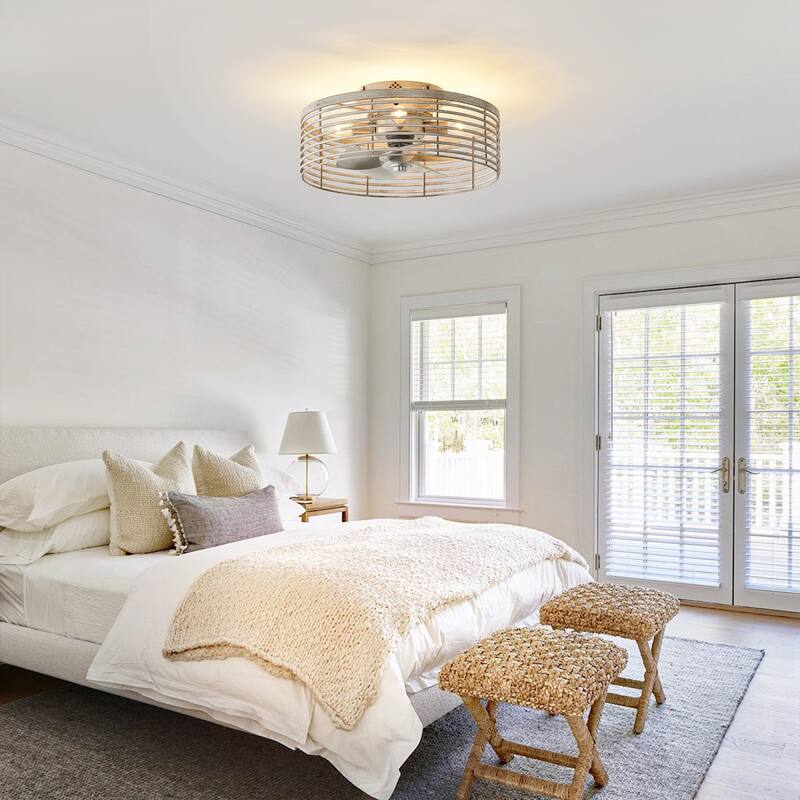 18" Antique White Caged 4-Light Low-Profile Flush Mount Ceiling Fan with Remote