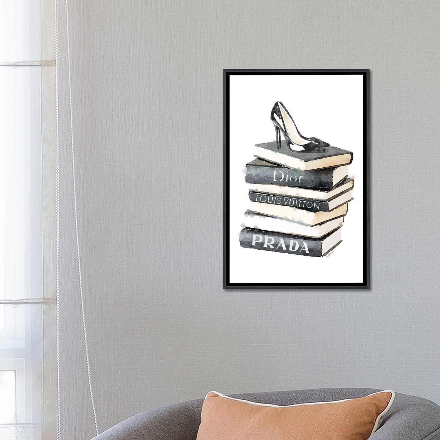 Amanda Greenwood Canvas Prints - Tall Book Stack with Brown Bag & Gold Background ( Fashion > Vogue art) - 26x18 in