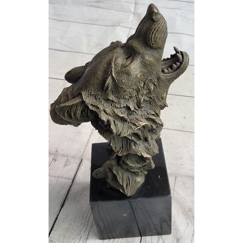 Holwing Wolf Head Bust Bronze Metal Statue Sculpture Figure On Marble Base Signed 12.5 Inches X 7 Inches