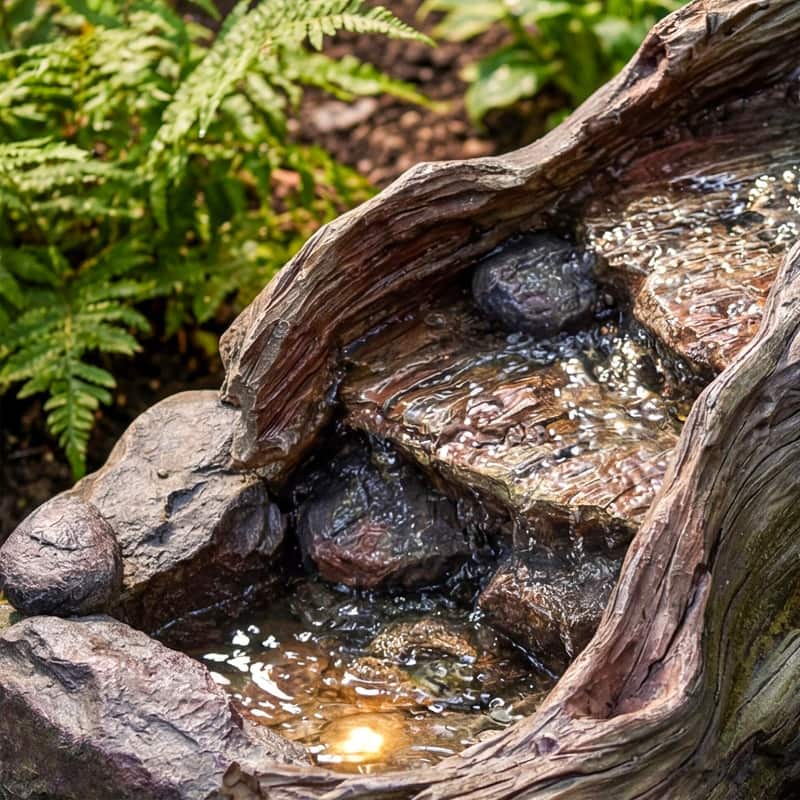 Driftwood and Rock Style Tiered Water Fountain with LED Lights Outdoor Garden Decor