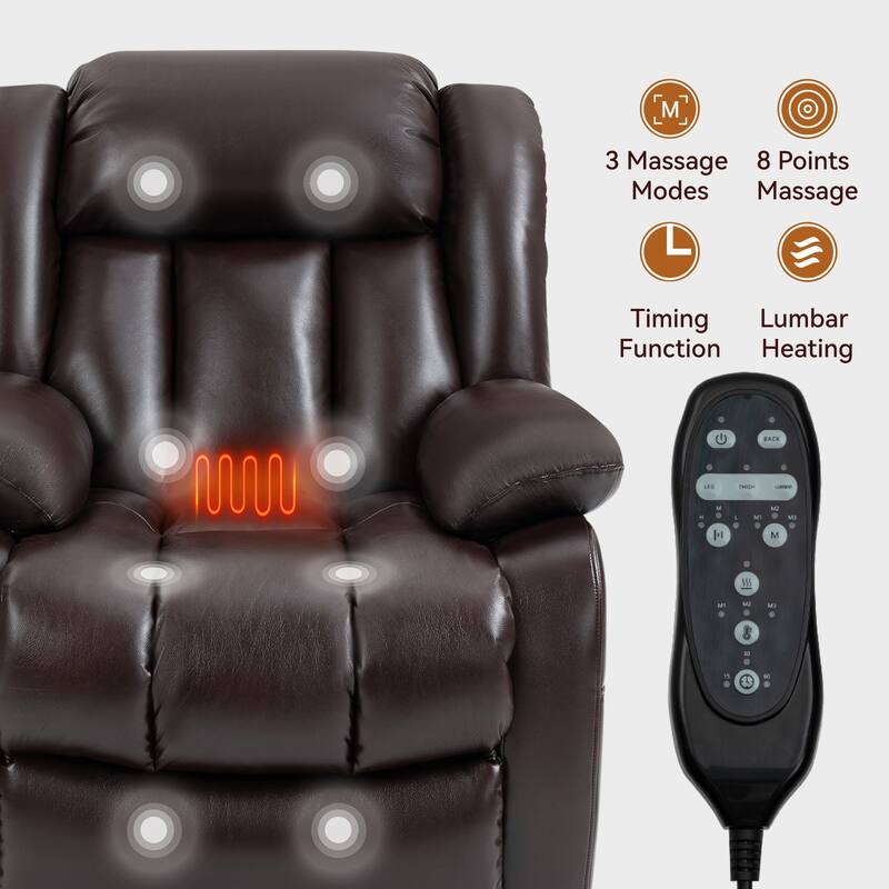 Brown Medium Electric Power Lift Recliner in Genuine Leather with Dual Motors, 8-Point Massage, Lumbar Heat