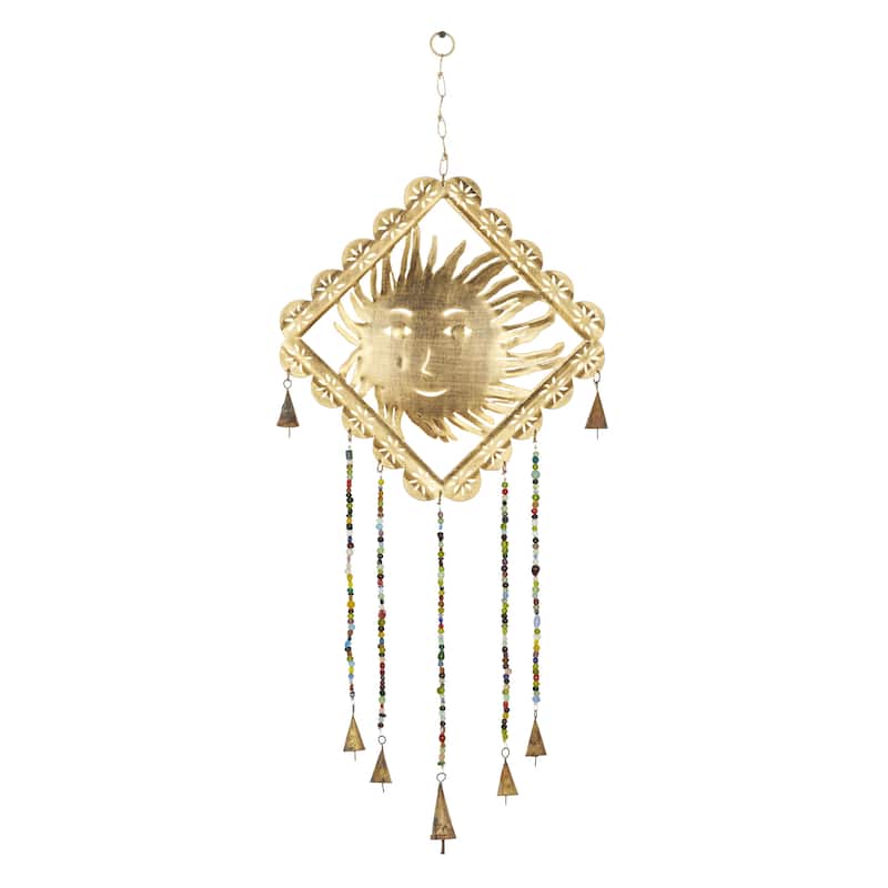 Metal Sun Windchime with Glass Beads and Cone Bells - Gold - Roche River Decor - Gold