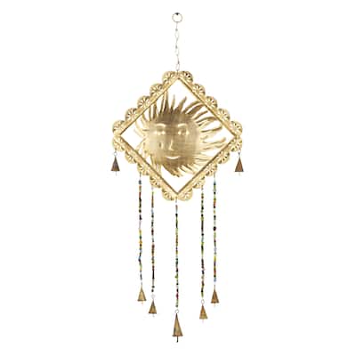 Metal Sun Windchime with Glass Beads and Cone Bells - Gold - Roche River Decor