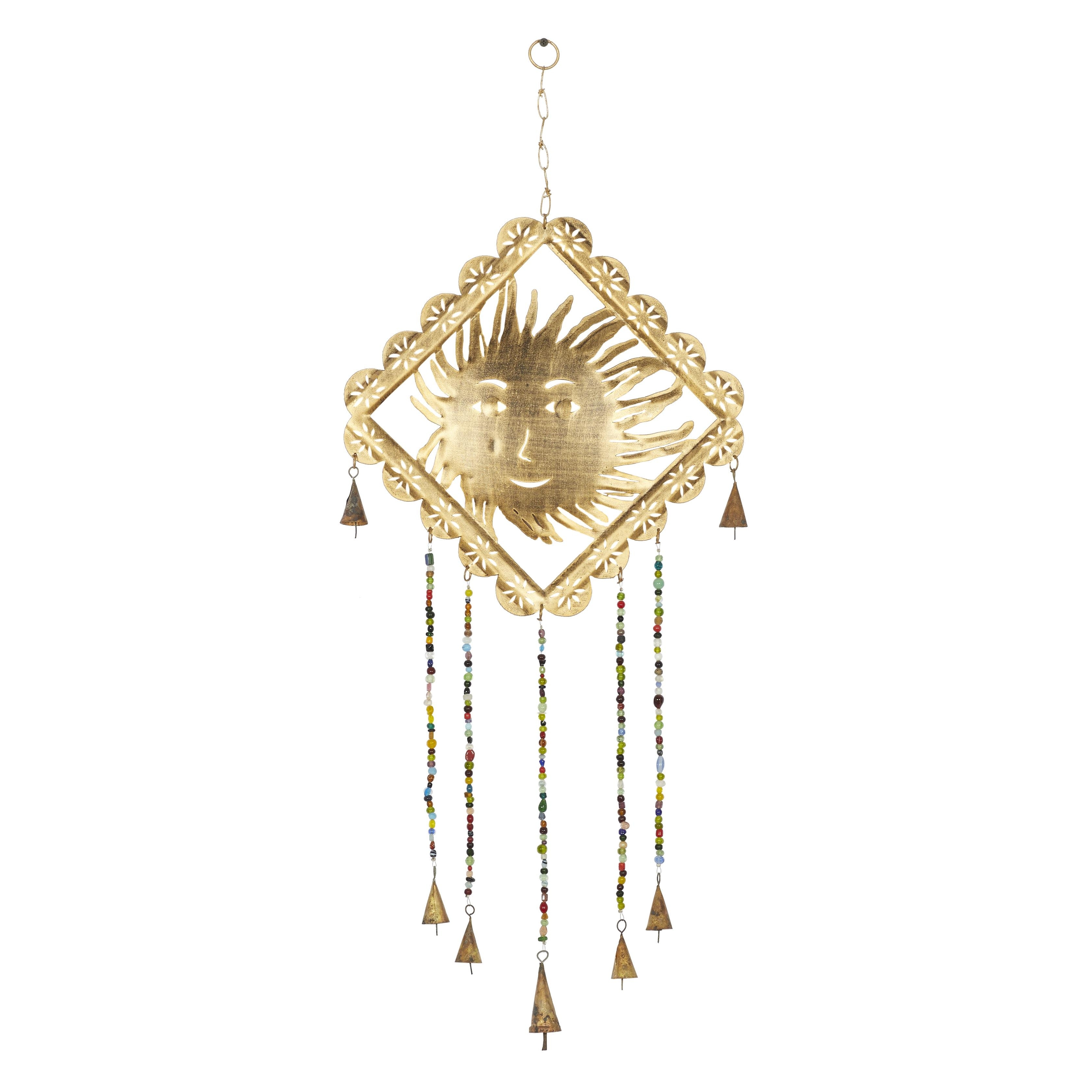 Metal Sun Windchime with Glass Beads and Cone Bells - Gold - Roche River Decor