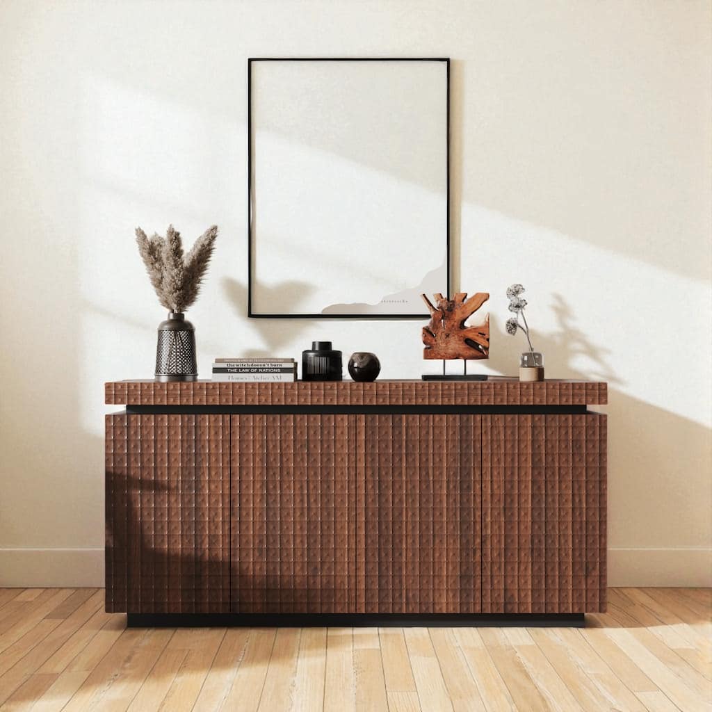 Modern 58.3" Sideboard Buffet Cabinet with 4 Doors, Textured Accent Storage Cabinet for Dining Room, Kitchen, Entryway