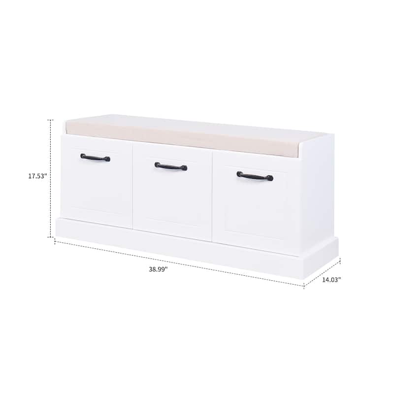 Minimalist Wooden Storage Bench with Seat Cushion, White