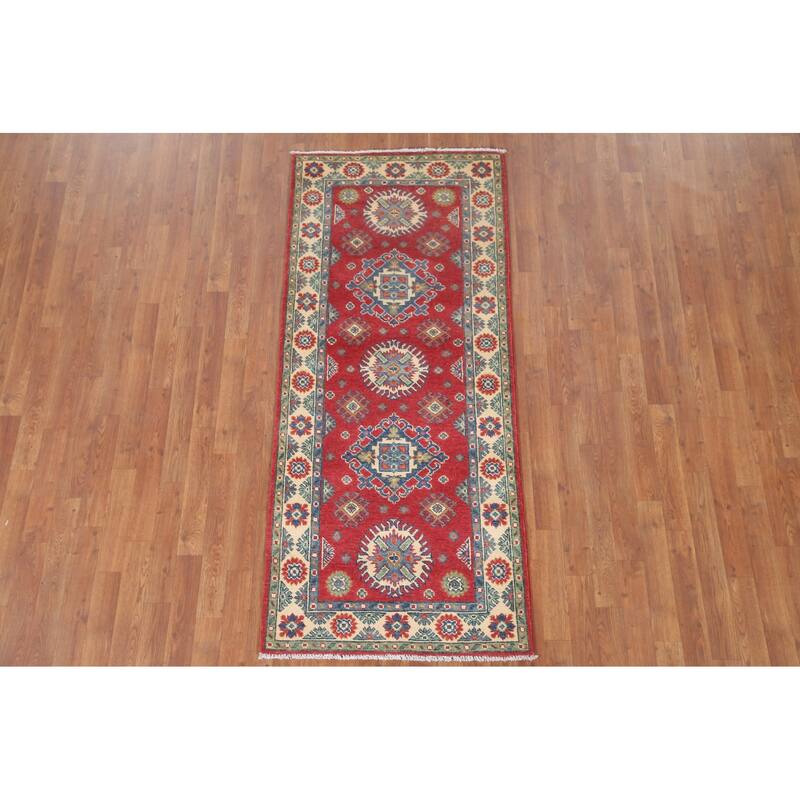 Hand Knotted Oriental 100% Wool Carpet Traditional Geometric Red Kazak Area Rug - 6' 5'' X 2' 9''