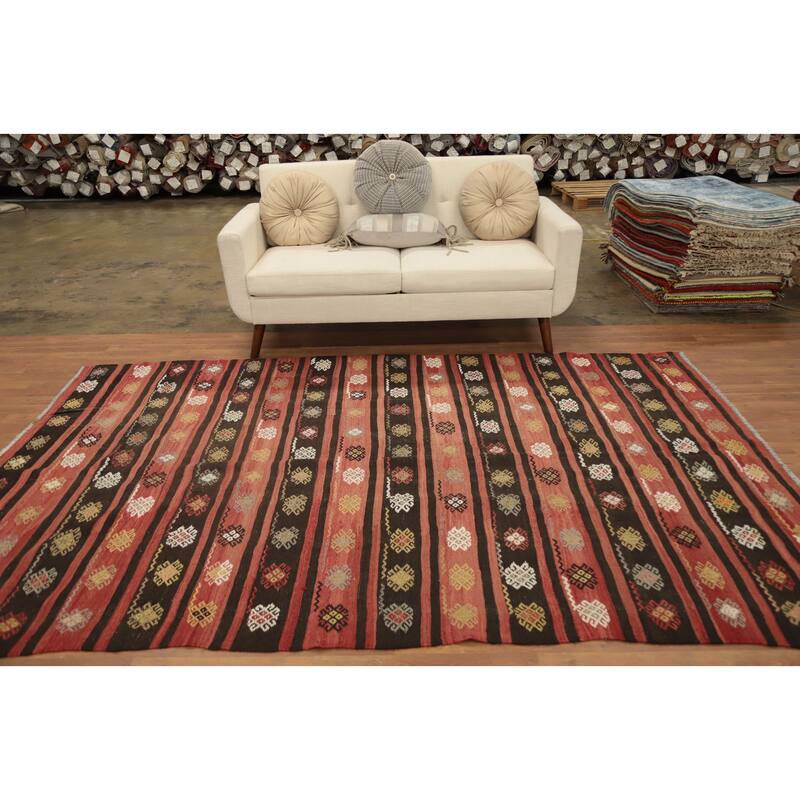 Hand Woven Oriental 100% Wool Carpet Southwestern Tribal Oranges & Rust Kilim Area Rug - 9' 4'' X 6' 1''