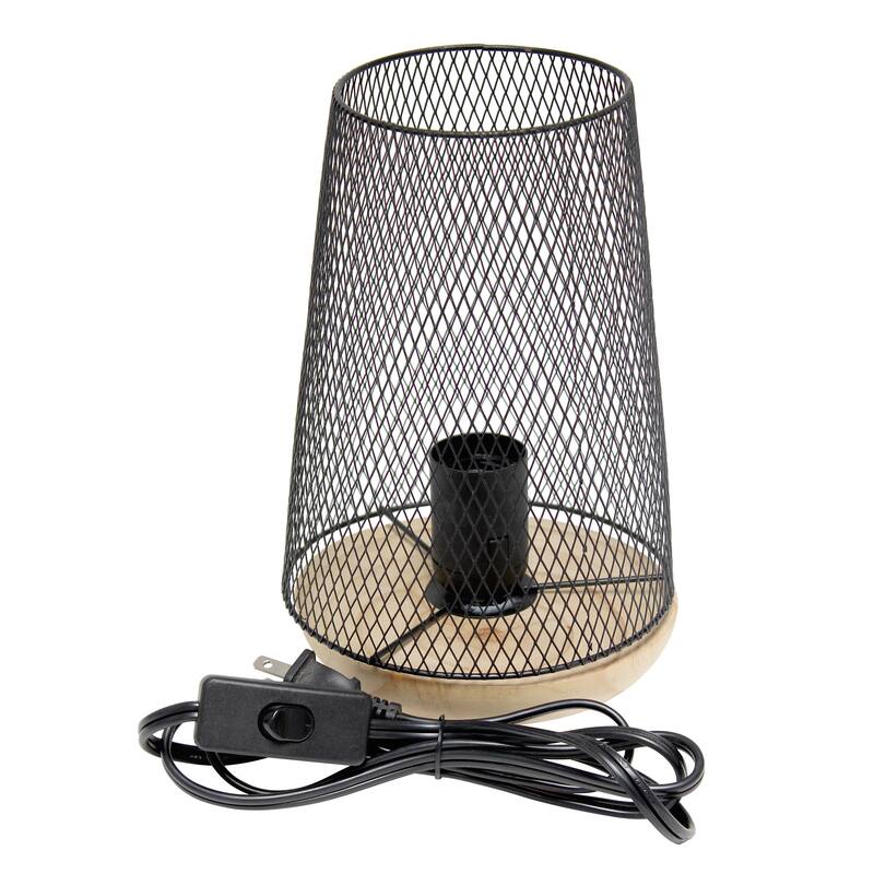Metal Open Cage Mesh Table Lamp with Pine Wood Base - 6 x 6 x 9 in. (L x W x H)