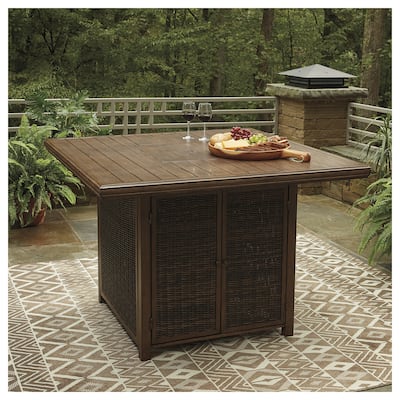 Signature Design by Ashley Paradise Trail Outdoor Medium Brown Square Bar Table with Fire Pit