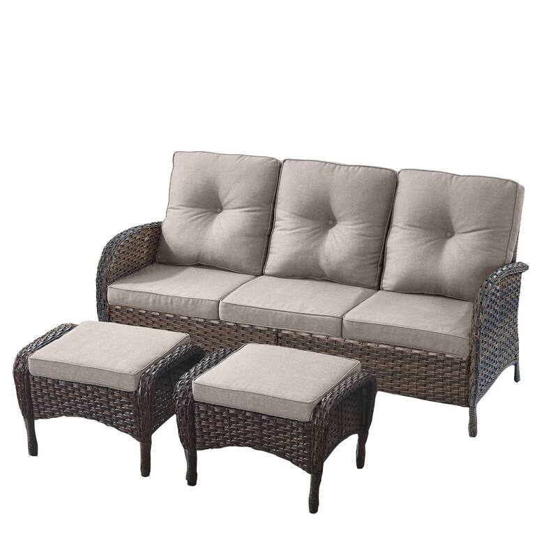 Outdoor Patio 3 Seats Sofa Couch with Ottomans