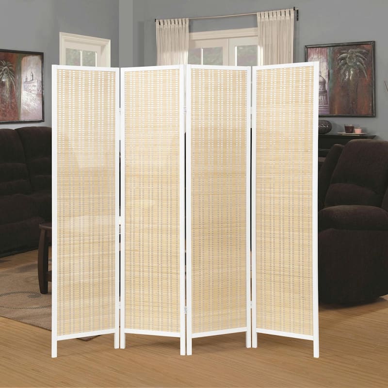Roundhill Furniture Inkwell 4-Panel Bamboo Room Divider, Folding Portable Partition Screen - Natural with White Frame