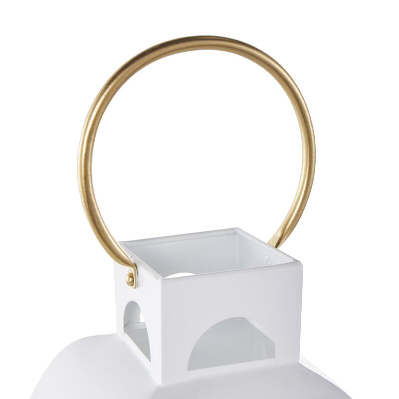 Metal Tall Arched Cutout Indoor Outdoor Candle Lantern with Gold Handle - White - Roche River Decor