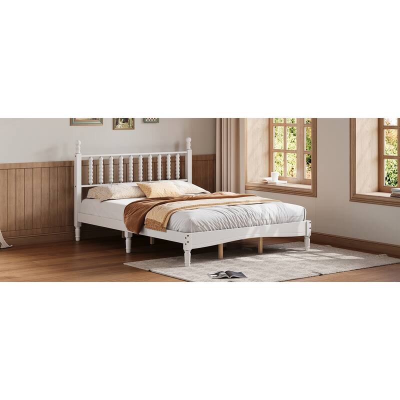 Queen Size Wood Platform Bed with Gourd-Shaped Headboard, Retro Style, Wooden Slat Support, Walnut Finish