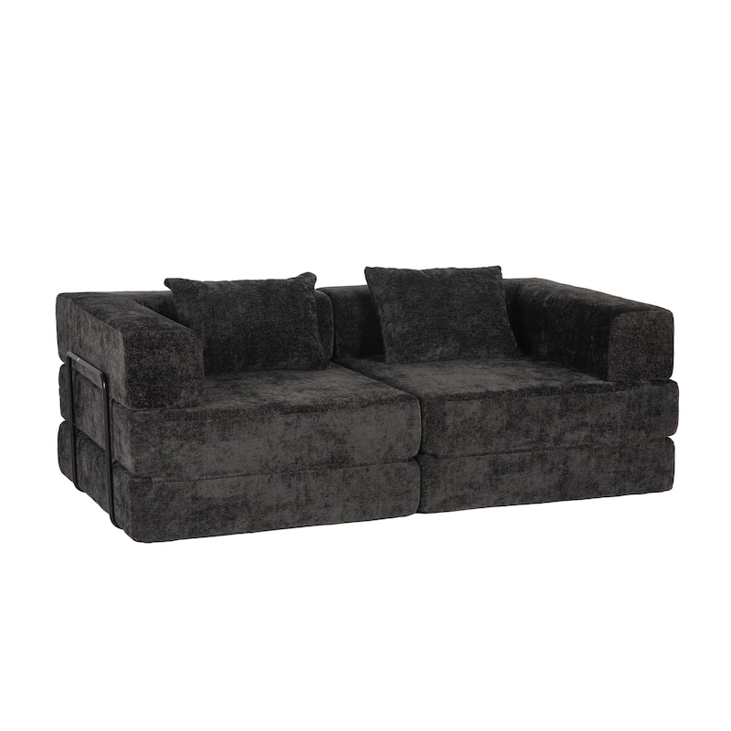 Chenille Loveseat Couch Boneless Modular Sectional Sofa Convertible Floor Sleeper Bed with Fixed-shape Frame for Living Room