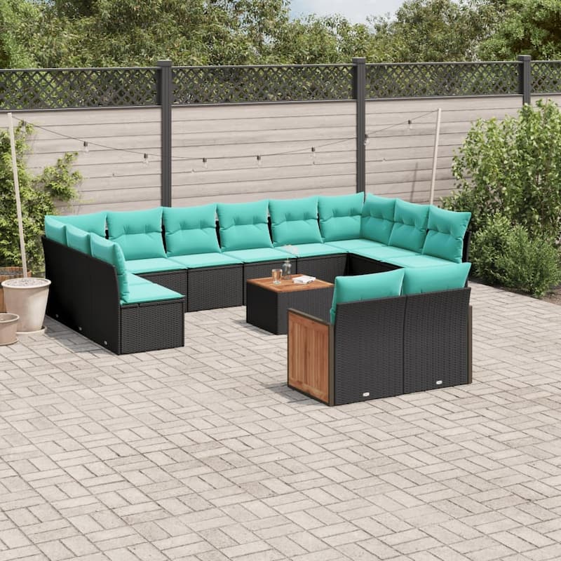 vidaXL 12 Piece Patio Sofa Set with Cushions Black Poly Rattan - 21.7x27.2x24.4-With table