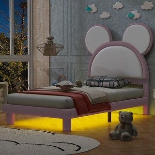 Upholstered Platform Bed Frame with LED Lights, Wooden PU Leather Bed with Cartoon Ears Shaped Headboard