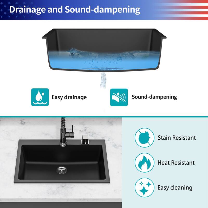 Drop-in Single Bowl Quartz/Granite Composite Kitchen Sink in Matte Black