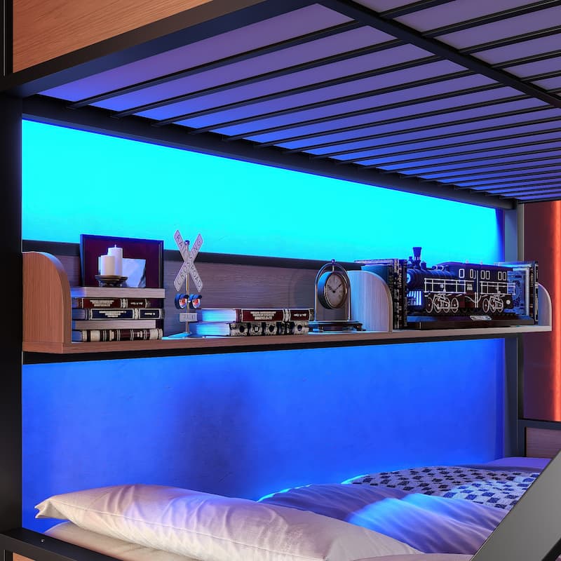 Full over Full Bunk Bed, Metal Bunk Bed with Storage Shelves and Lights, Space-saving & Noise-free Design, Black