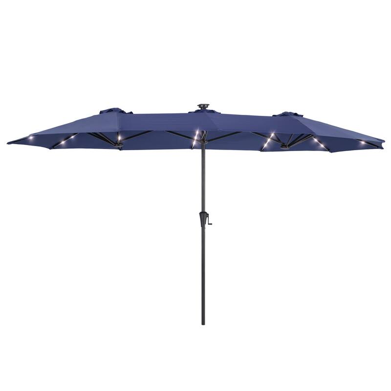 LIVOOSUN 13 x 7.2ft Large LED Double-Sided Rectangular Outdoor Patio Market Umbrella with Crank, Solar Panel, Navy Blue