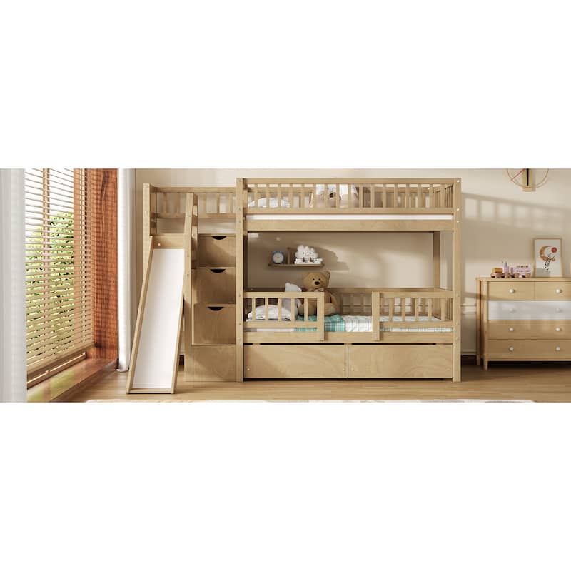 Roomfitters Twin Over Twin Bunk Bed with Slide, Storage Staircase and Drawers