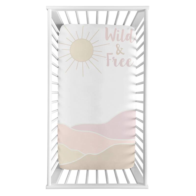 Boho Desert Sun Collection Girl Photo Op Fitted Crib Sheet - Pink Gold Taupe Bohemian Mountains Southwest Nature Wild and Free