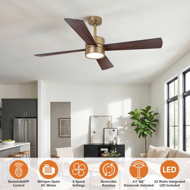 52" Modern Gold Integrated LED Dimmable Reversible Smart Ceiling Fan with RGB Light, Remote and APP Control
