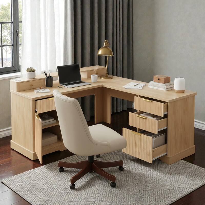 59 Inch Modern L Shaped Desk with Charging Station, Computer Desk with Storage Cabinet File Drawer and Monitor Stand - Natural Wood
