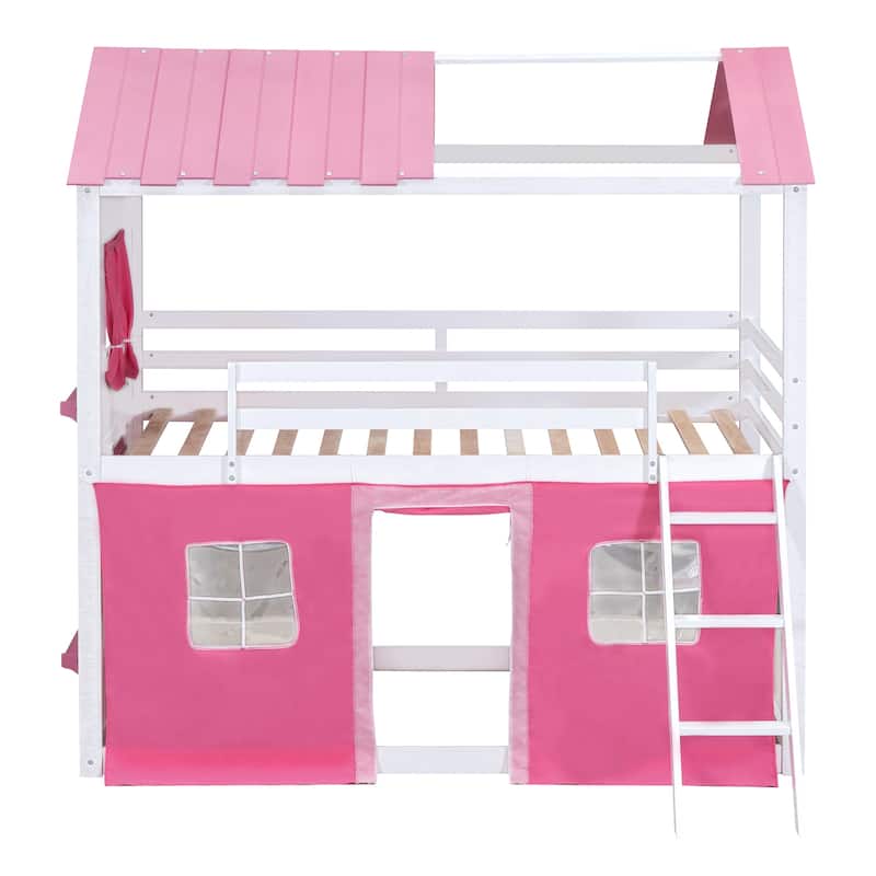 Pink+White Wood Castle House Bunk Bed with Windows, Sills, Tent, and Slide, Playhouse Design