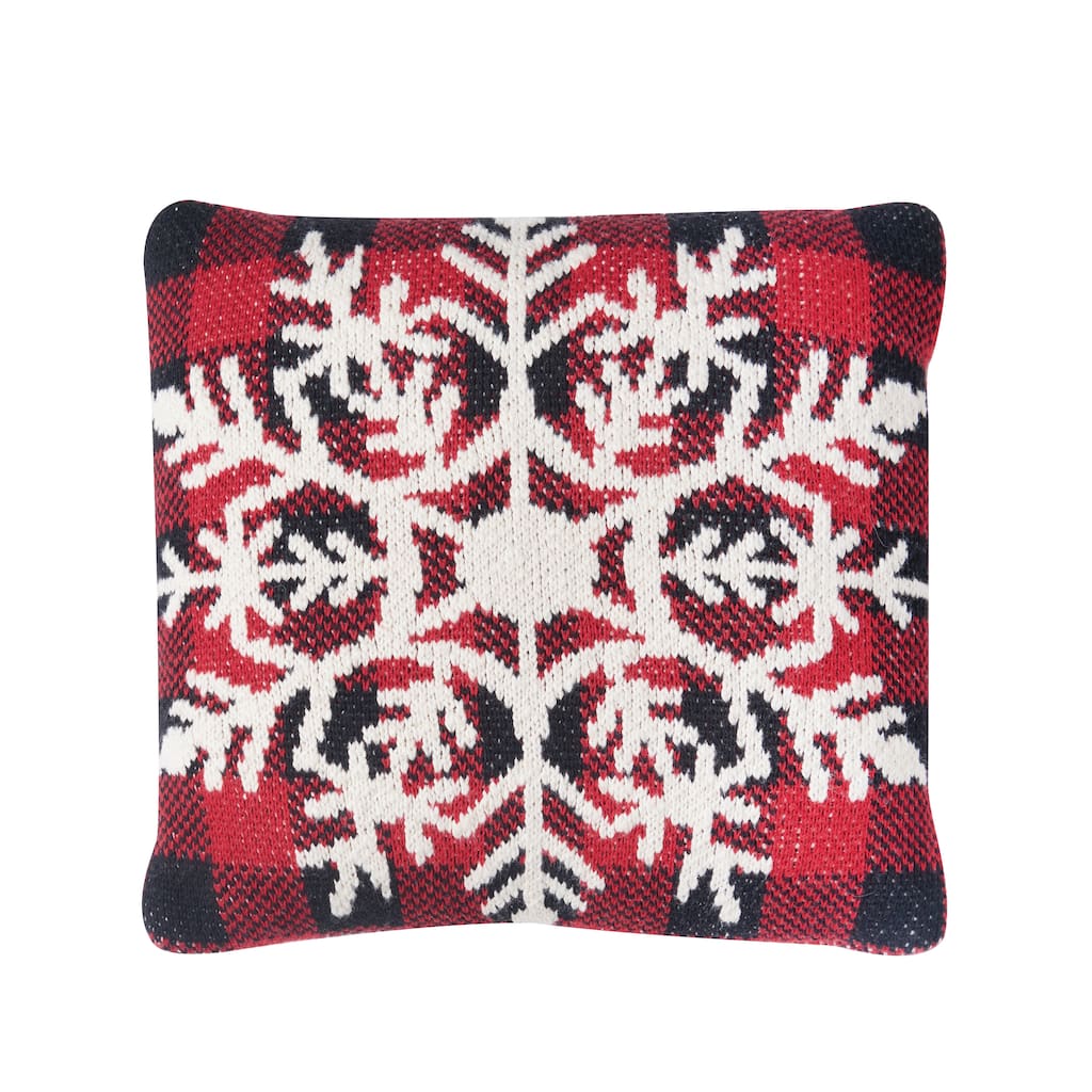 Snowflake Plaid Knitted Cotton Christmas Accent Pillow, 12" x 12"