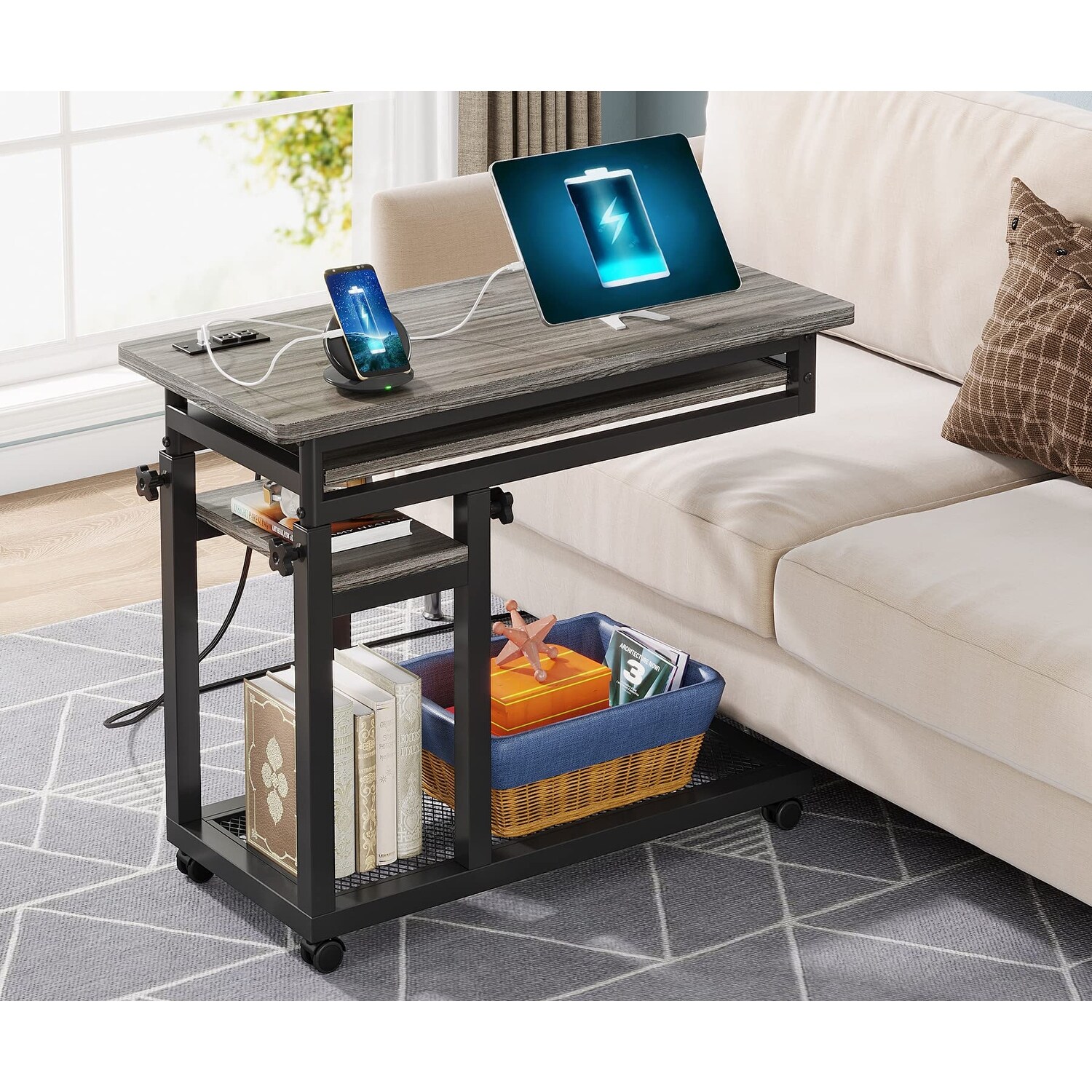 Small Portable Desk with Power Outlet Height Adjustable C Side