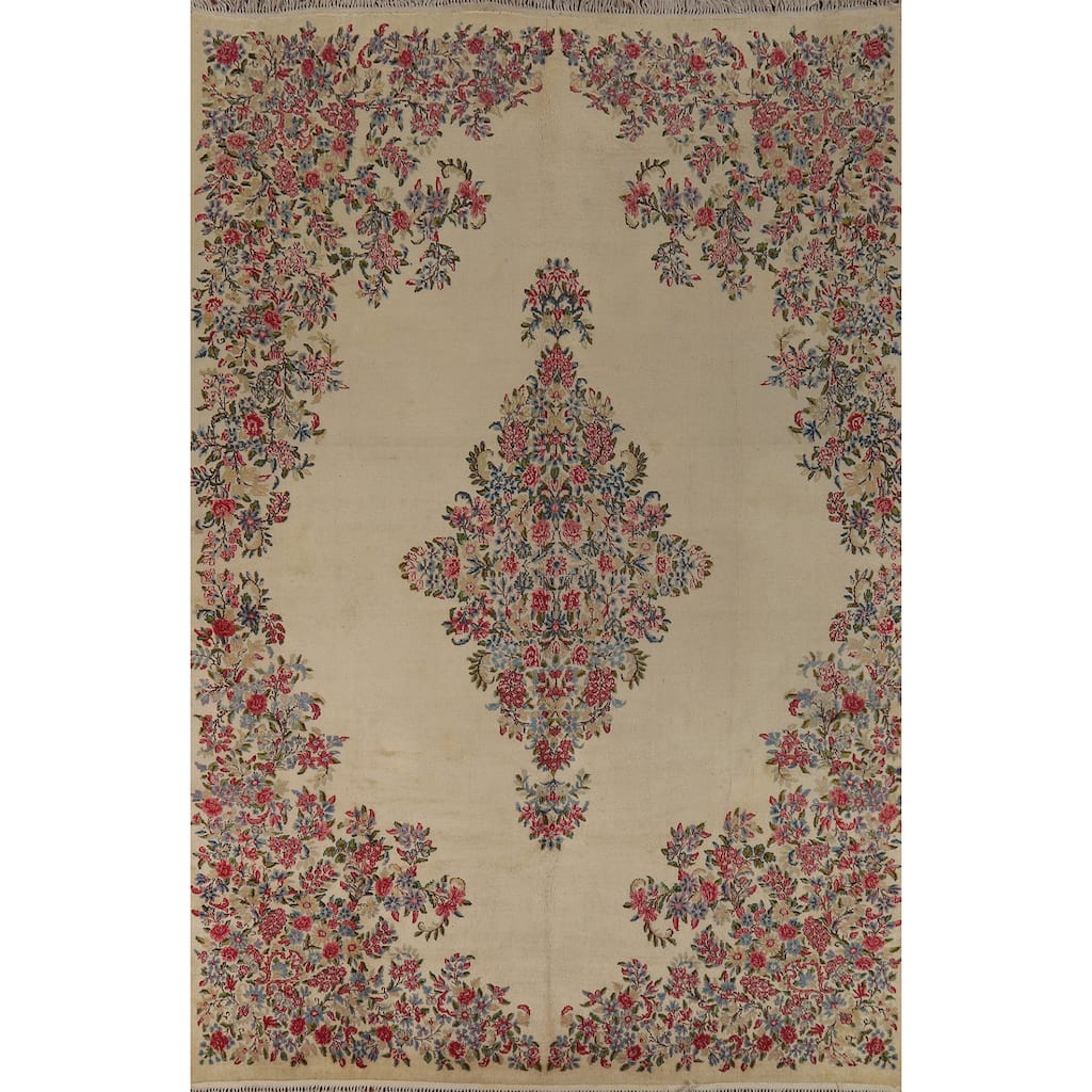 Floral Kerman Persian Vintage Area Rug Hand-Knotted Wool Carpet - 7'10" x 11'5"