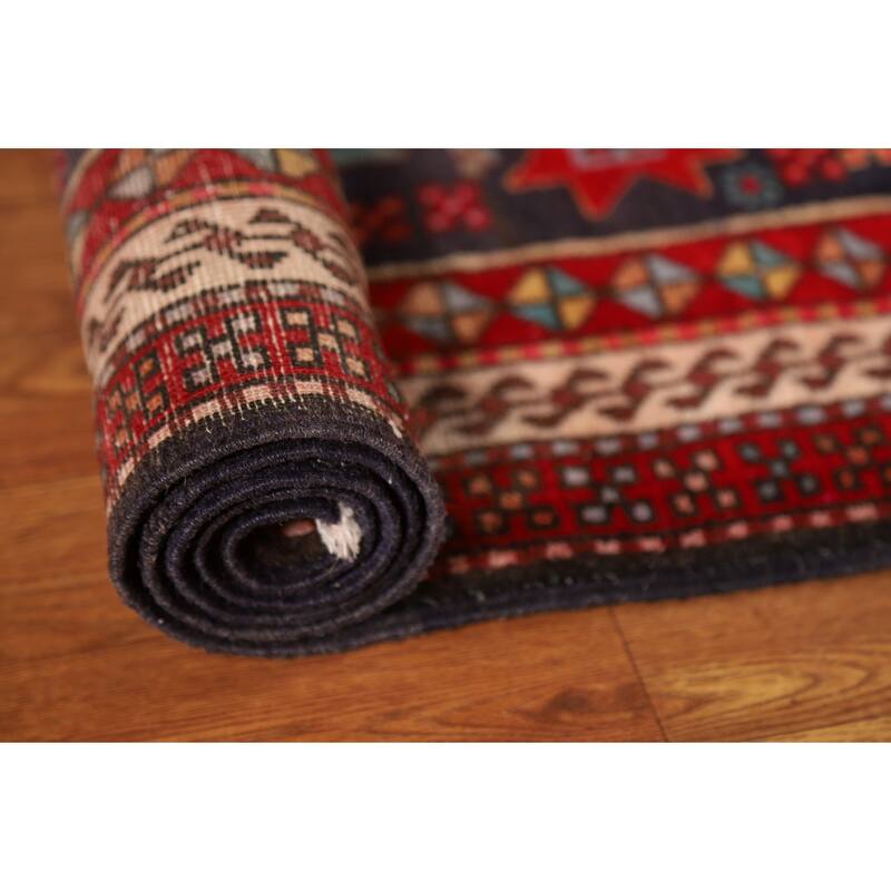 Navy Blue Ardebil Persian Vintage Runner Rug Handmade Wool Carpet - 3'5"x 10'5"