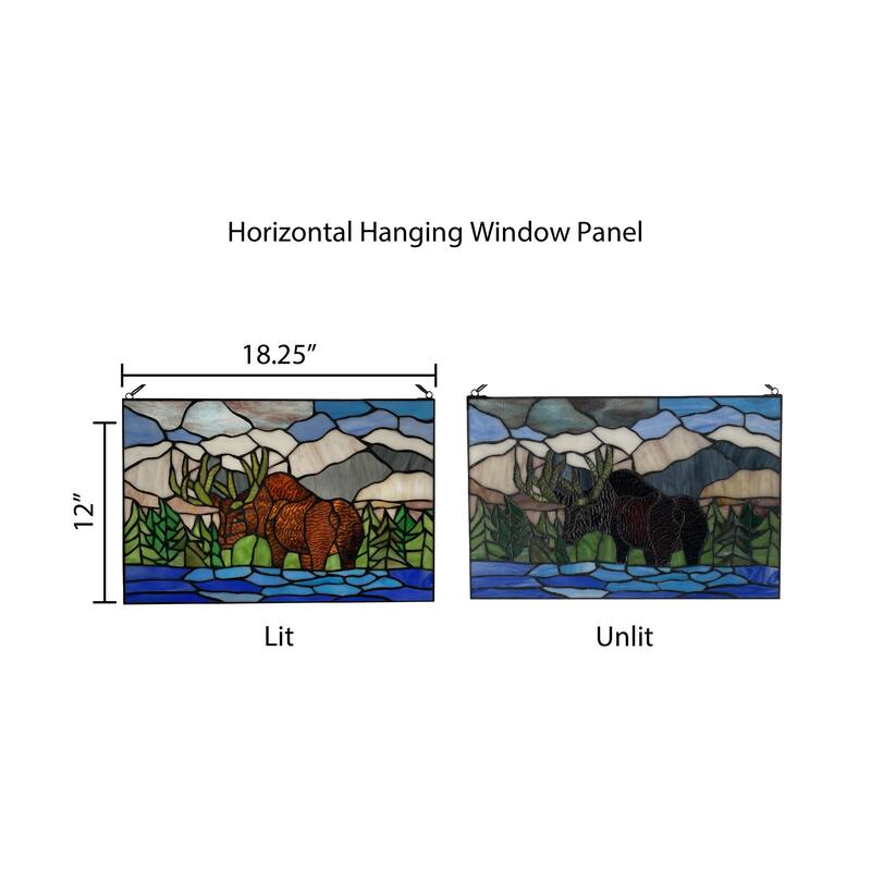 River of Goods Mountainscape Moose River of Goods Brown, Blue and Green Stained Glass Window Panel - 18.25" x 0.25" x 12"