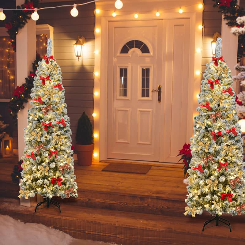 Gymax 6ft Pre-lit Pencil Snow Flocked Pencil Christmas Tree Holiday - See Details