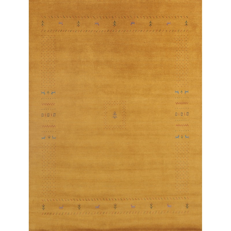 Tribal Gabbeh Area Rug Hand-Knotted Yellow Wool Carpet - 8'1"x 9'8"