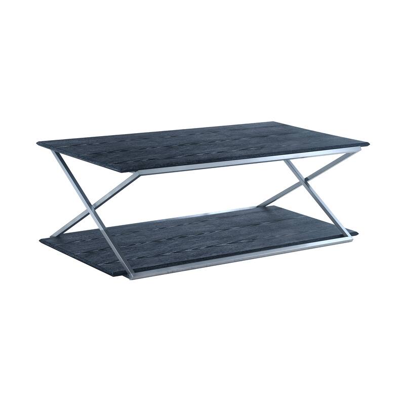 HomeRoots 51" Black And Silver Stainless Steel Coffee Table With Shelf - 51
