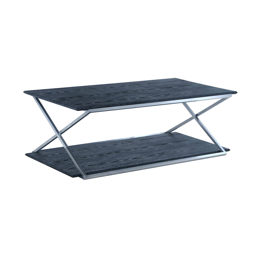 HomeRoots 51" Black And Silver Stainless Steel Coffee Table With Shelf - 51