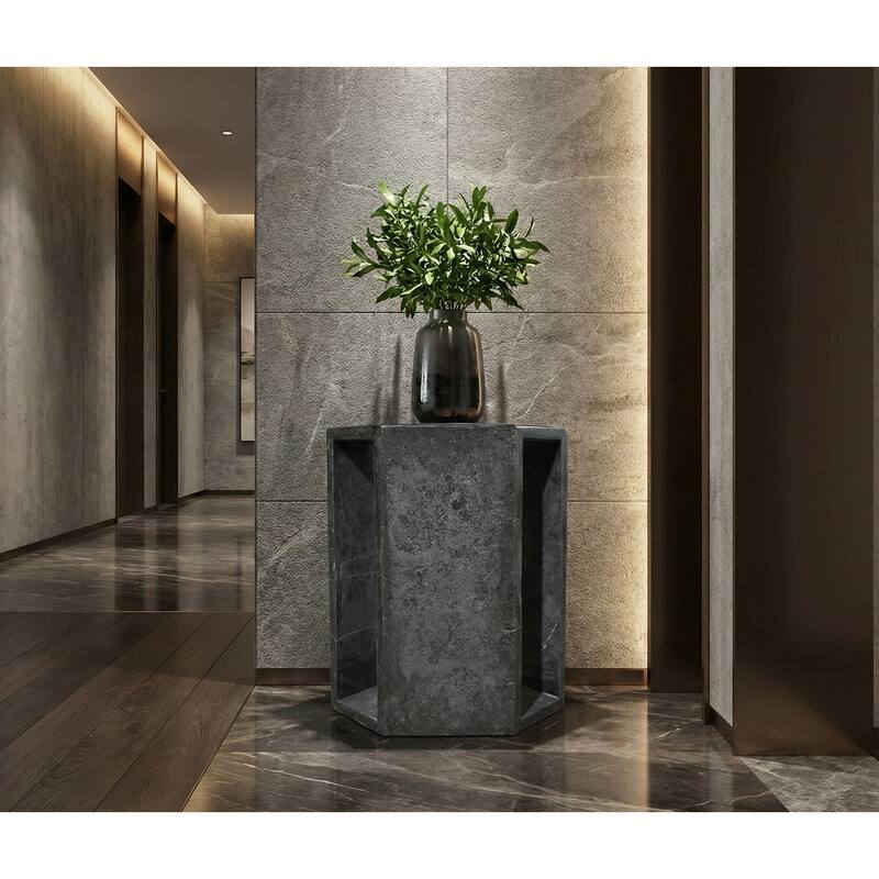 Roomfitters Luxury Natural Marble Hexagon Side Table, Solid Stone Geometric Pedestal End Table, Polished Finish