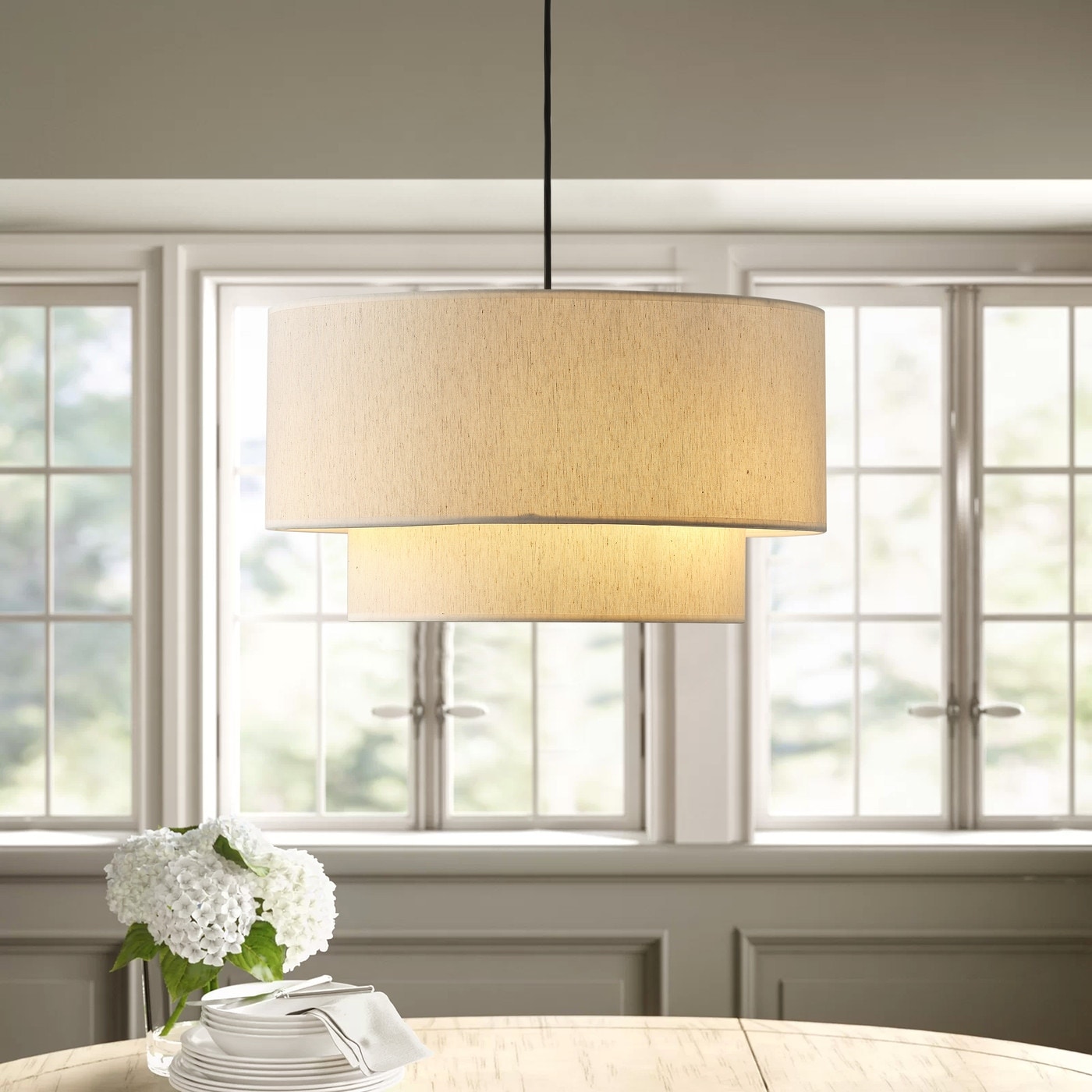 AIWEN Modern Off-White Drum Pendant Light with 2-Tier Linen Fabrics Lampshade
