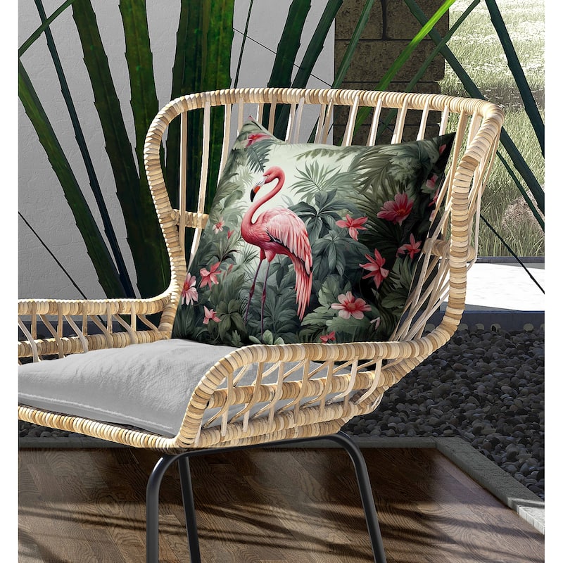 Tropical Flamingo Haven Indoor/Outdoor Reversible Throw Pillow Green and Pink