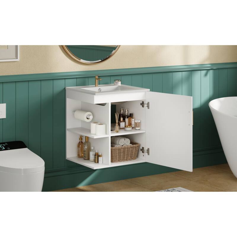 Roomfitters 20 Inch Wall Mounted Bathroom Vanity & Side Cabinet Combo, Floating Storage Station with Sink